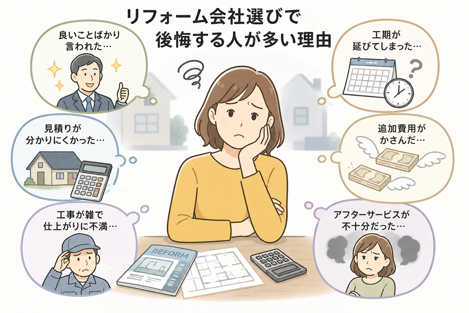 リフォーム会社選びで後悔する主な理由を表したイラスト