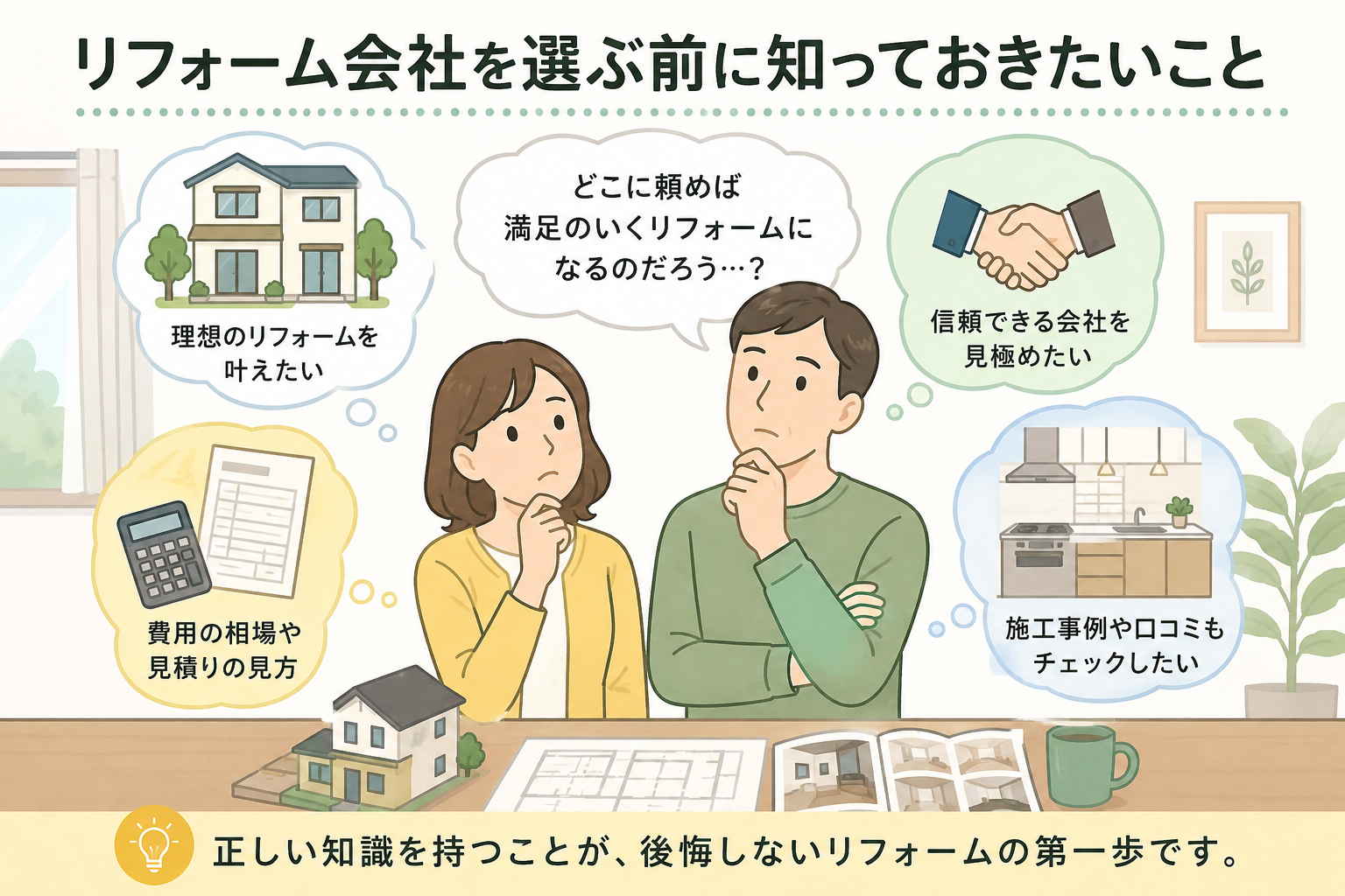 リフォーム会社を選ぶ前に、価格や施工事例、口コミ、信頼性を確認する夫婦のイラスト