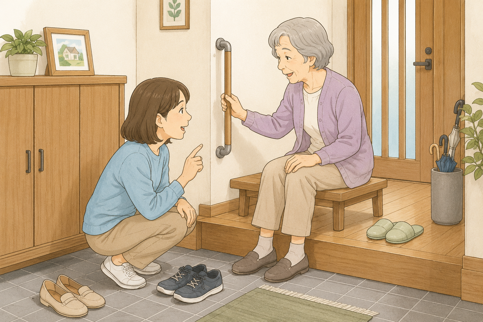 手すりを使いながら階段を下りる70代の男性と、そばで見守る家族のイラスト
