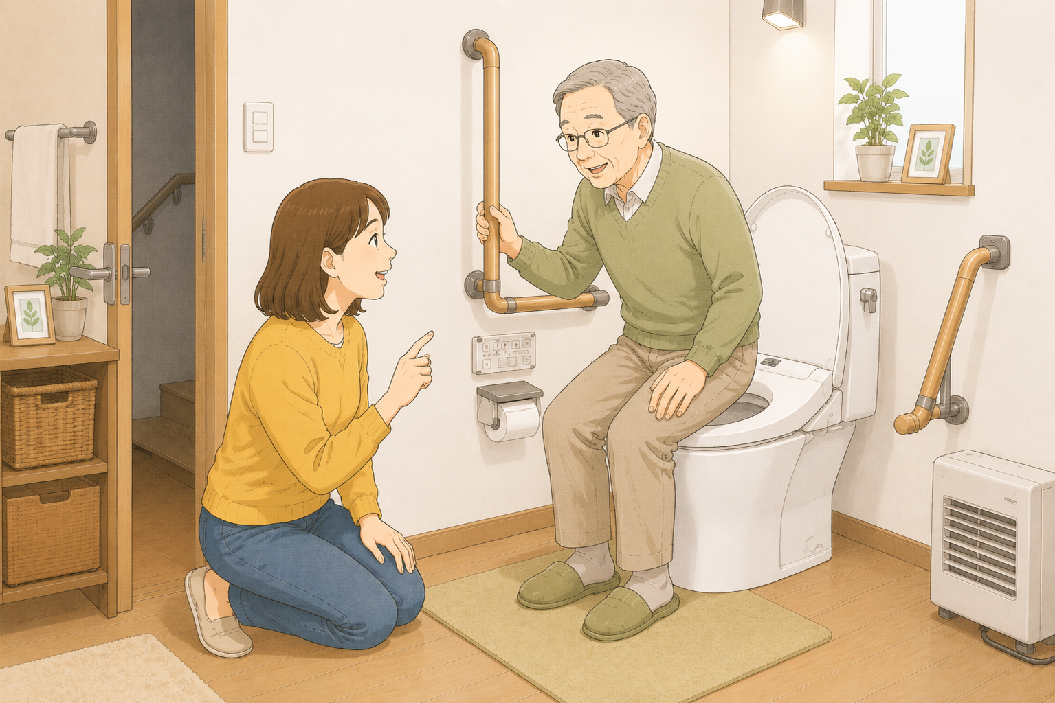 手すりを使いながら階段を下りる70代の男性と、そばで見守る家族のイラスト