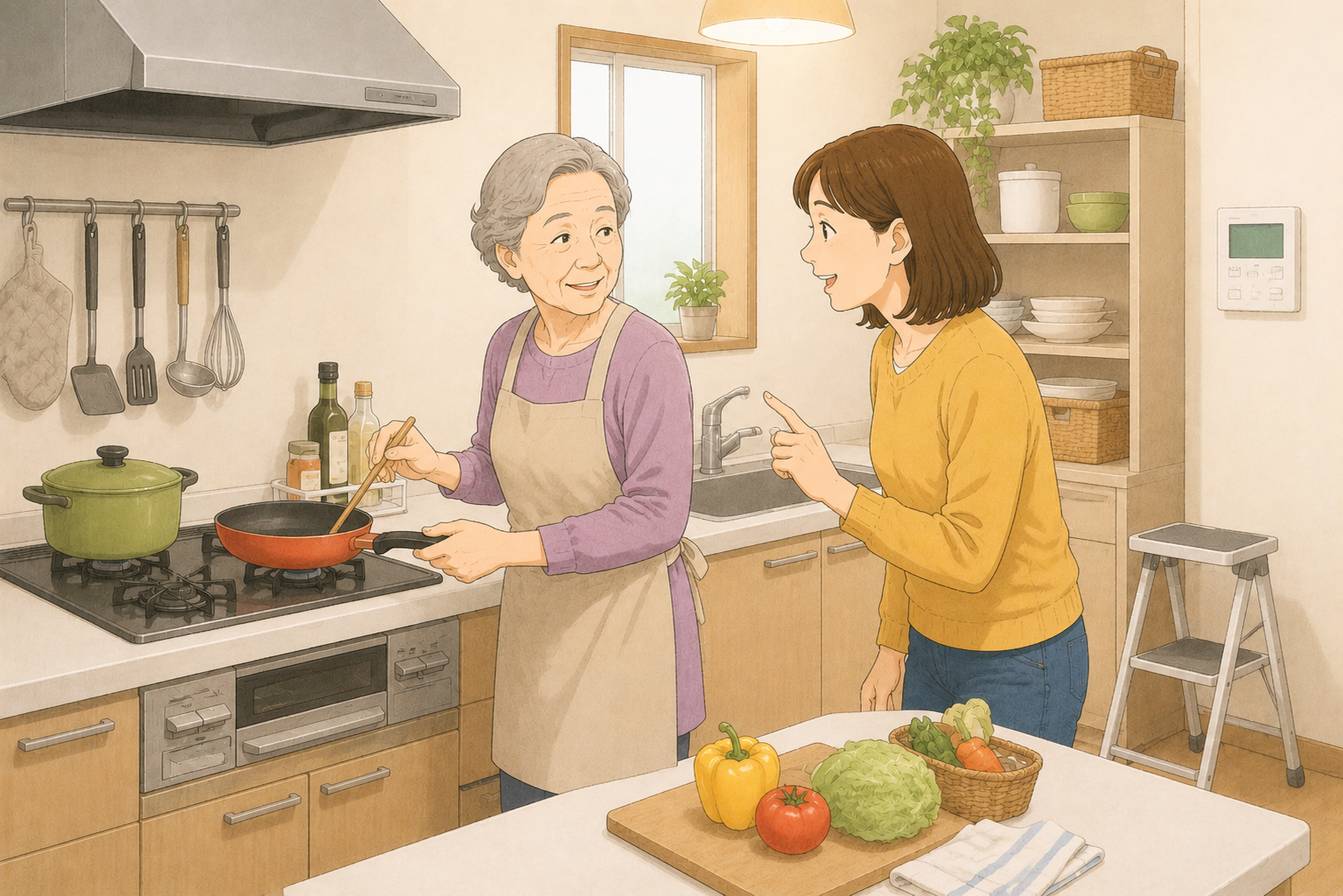 手すりを使いながら階段を下りる70代の男性と、そばで見守る家族のイラスト