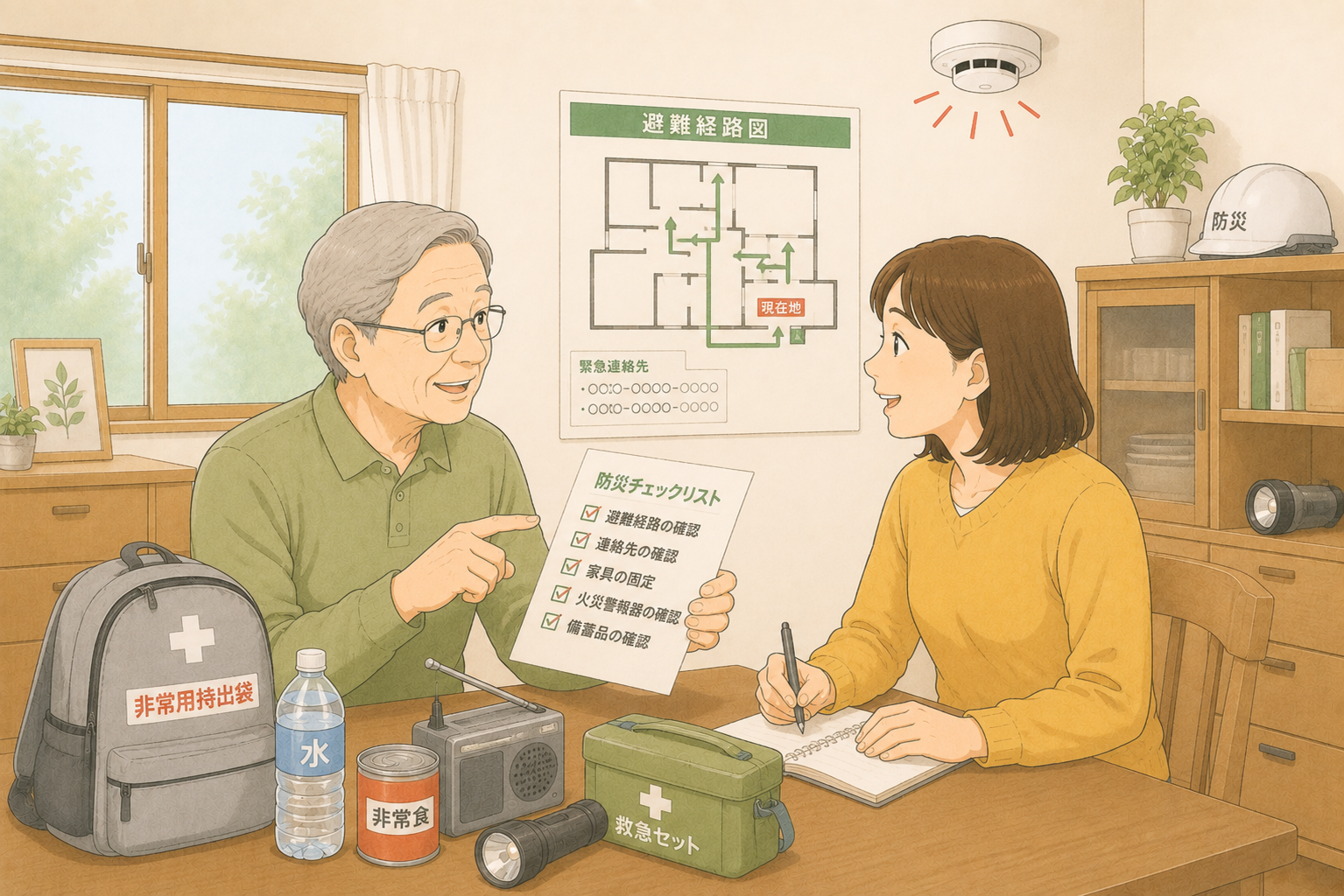 手すりを使いながら階段を下りる70代の男性と、そばで見守る家族のイラスト