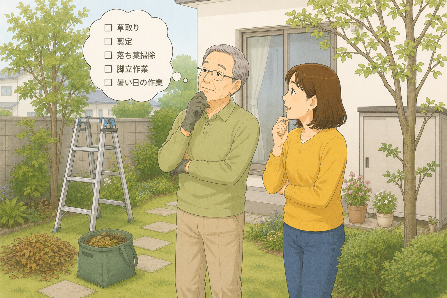 手すりを使いながら階段を下りる70代の男性と、そばで見守る家族のイラスト