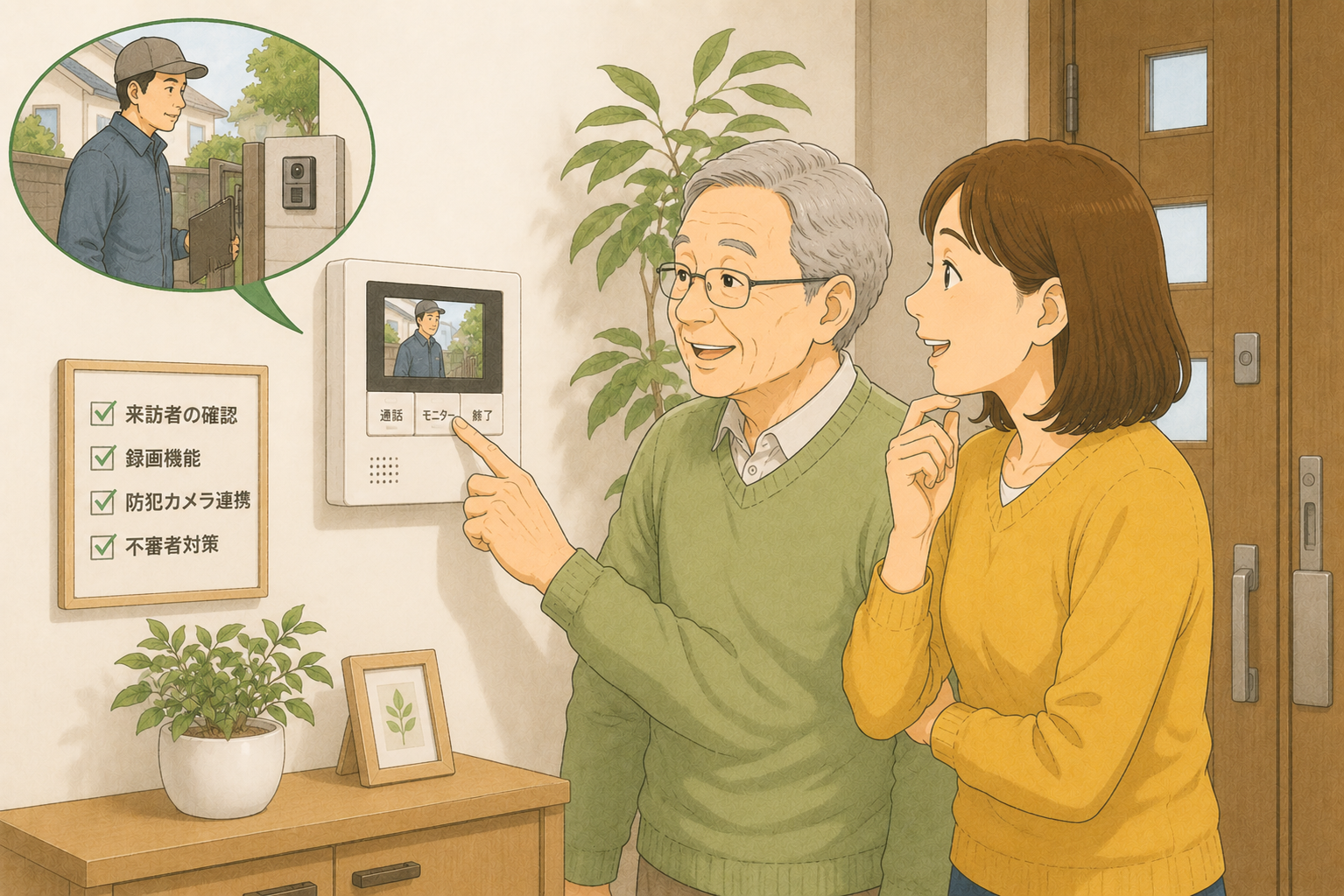 手すりを使いながら階段を下りる70代の男性と、そばで見守る家族のイラスト