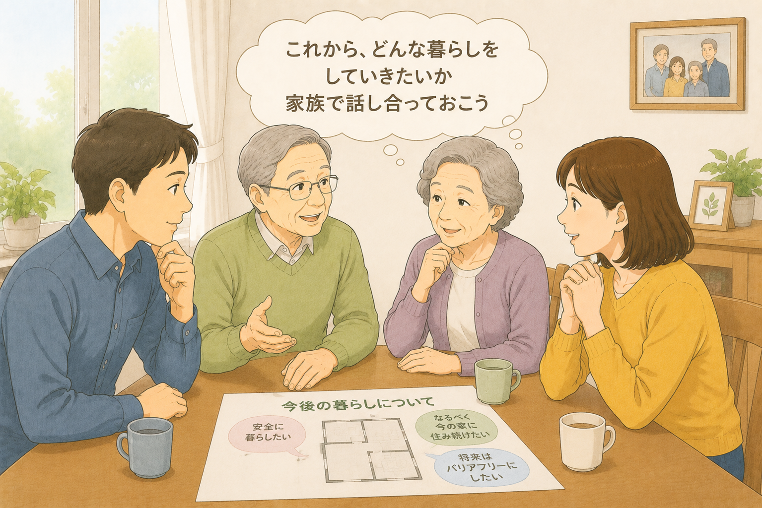 手すりを使いながら階段を下りる70代の男性と、そばで見守る家族のイラスト