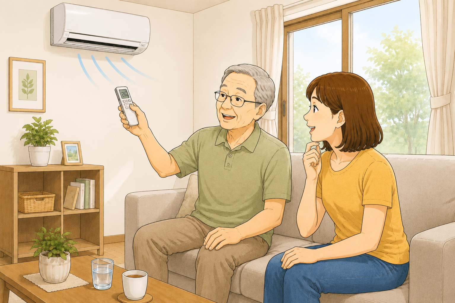 手すりを使いながら階段を下りる70代の男性と、そばで見守る家族のイラスト