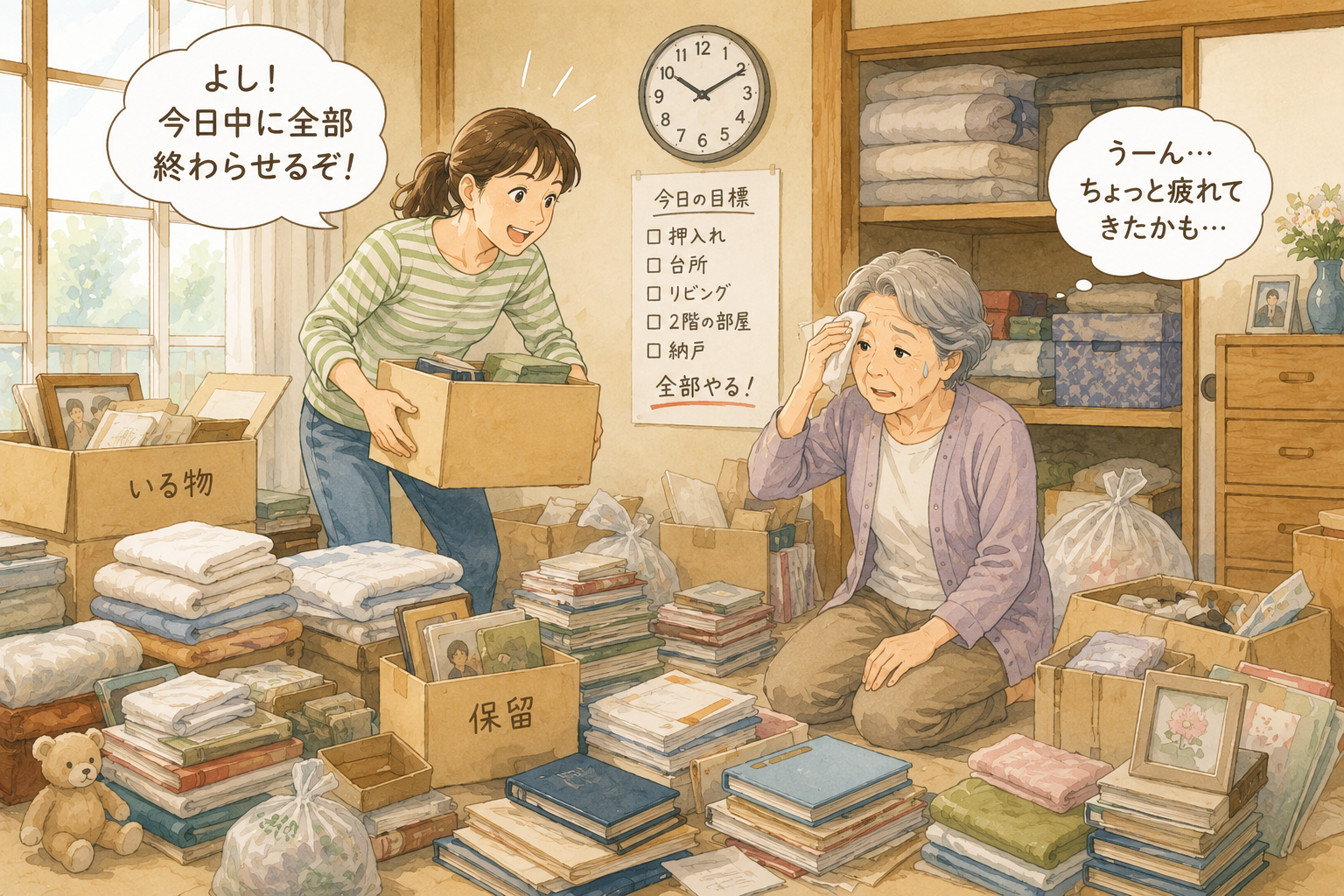 親子で実家の片付けについて話し合う様子のイラスト