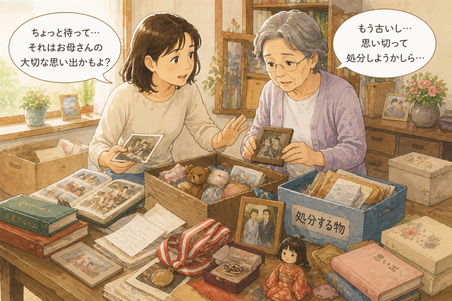 親子で実家の片付けについて話し合う様子のイラスト