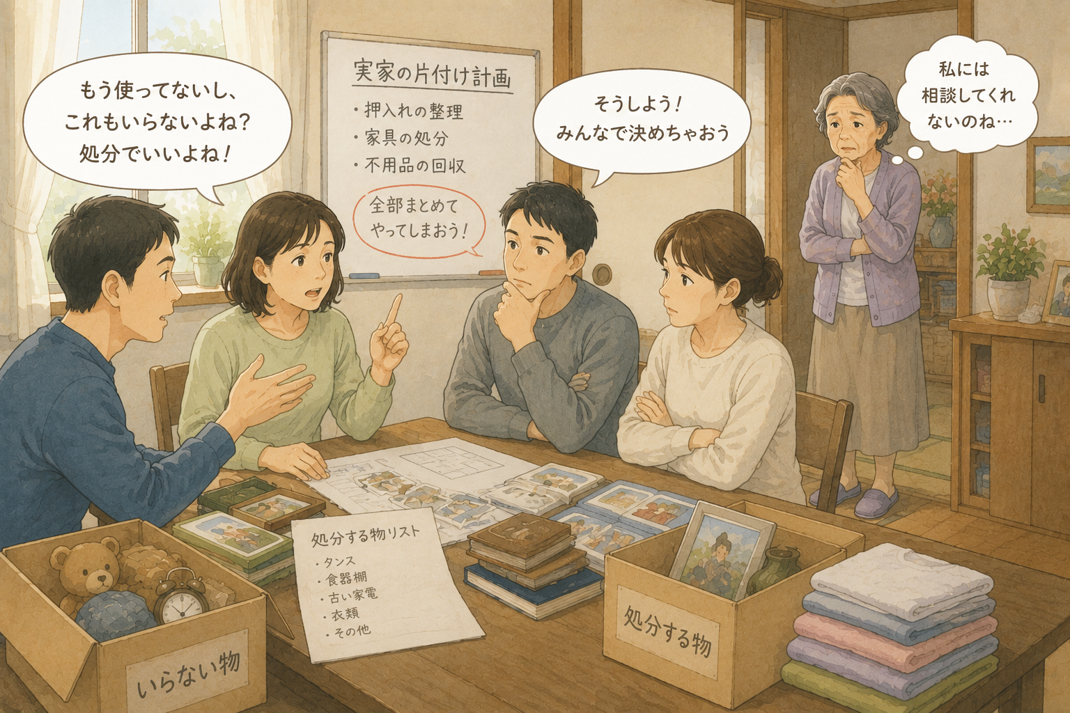 親子で実家の片付けについて話し合う様子のイラスト
