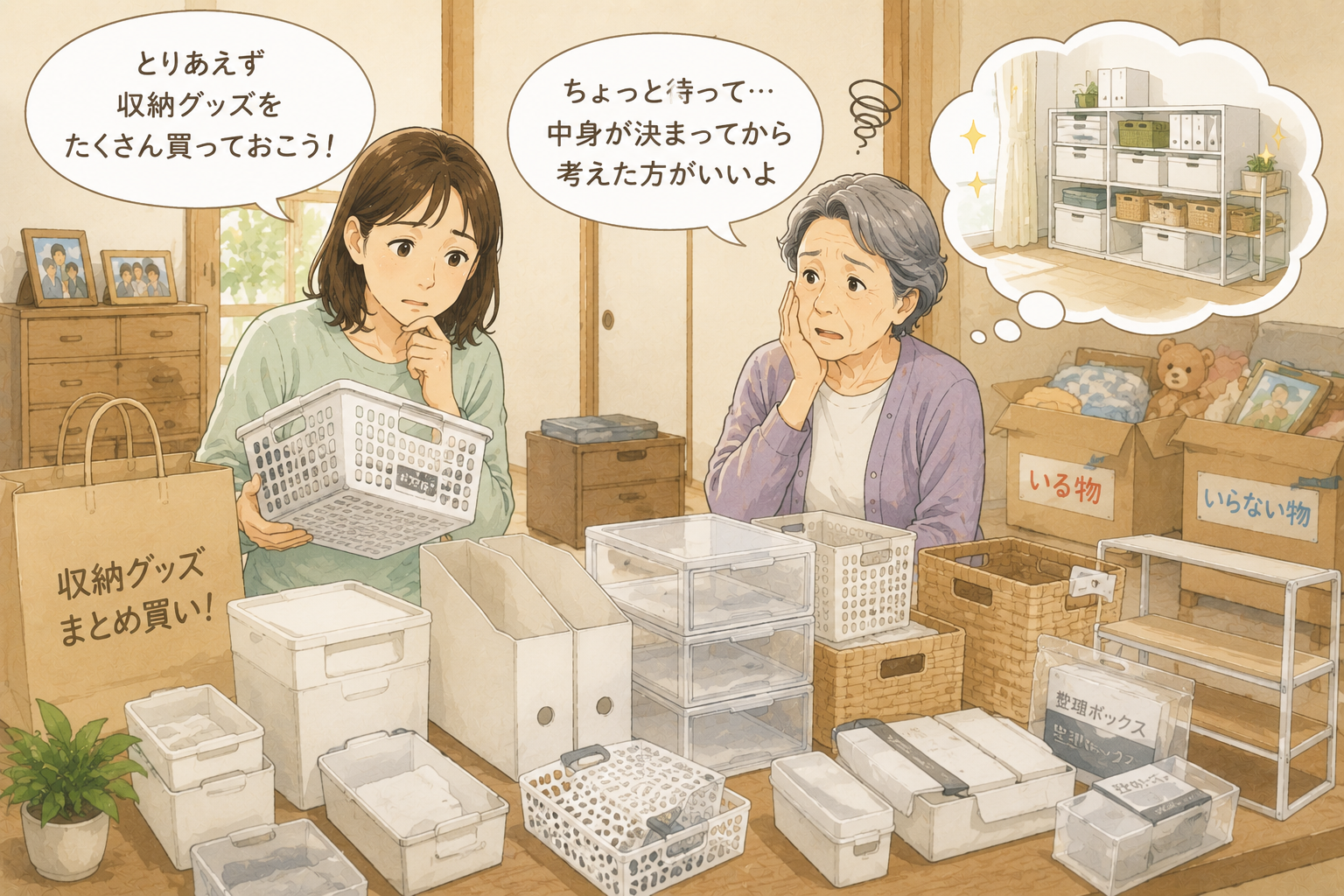 親子で実家の片付けについて話し合う様子のイラスト