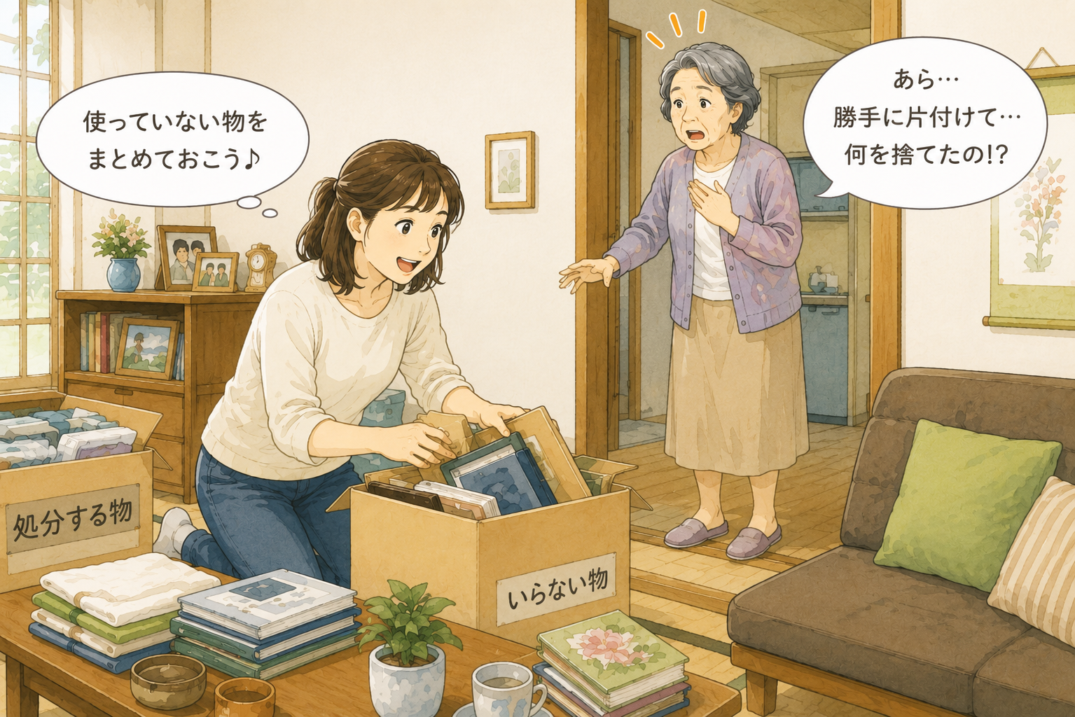 親子で実家の片付けについて話し合う様子のイラスト