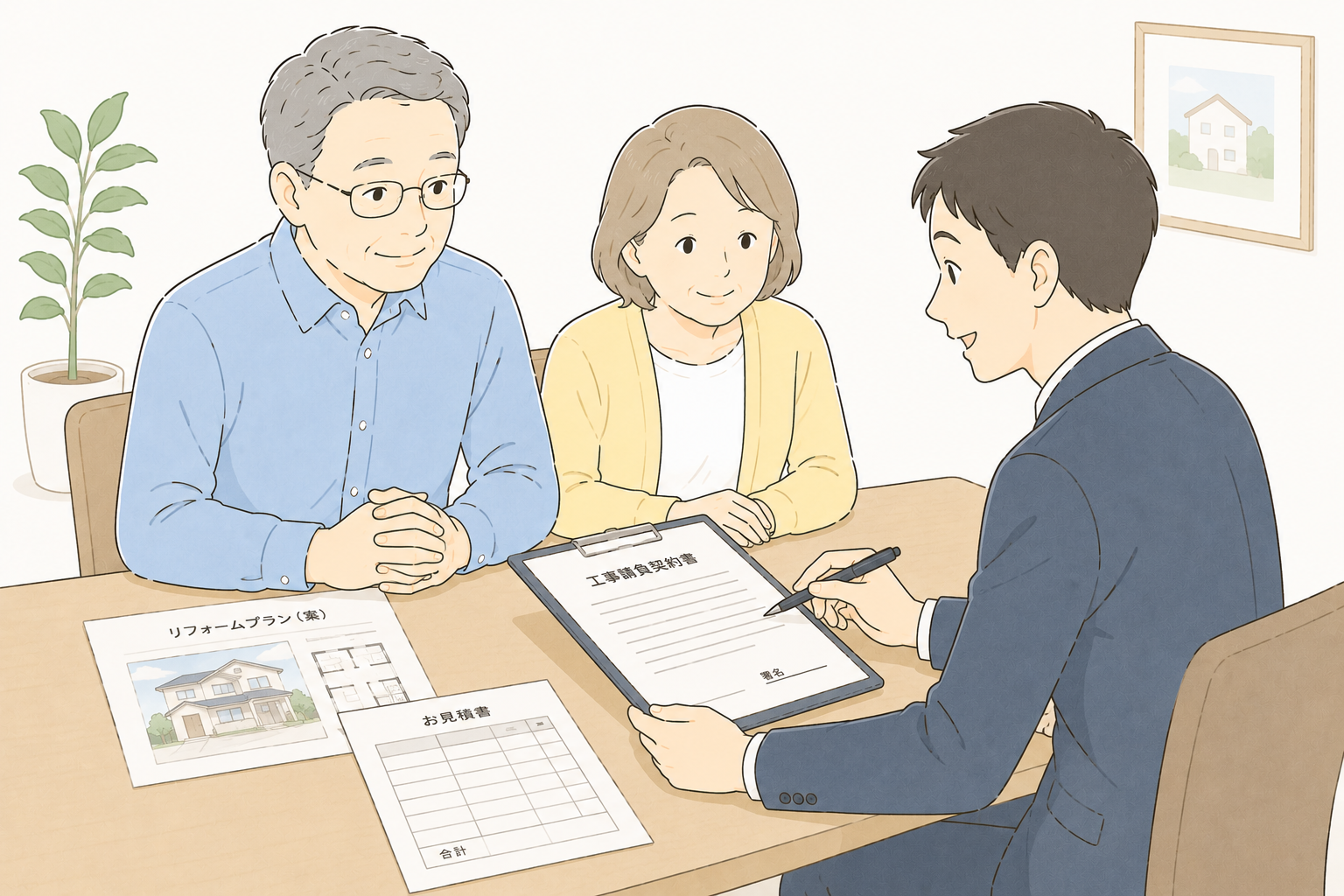 リフォーム会社と工事契約を結ぶイメージ