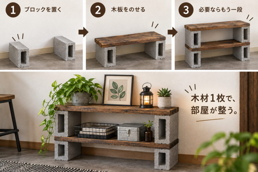木板とブロックで作る男前ラック