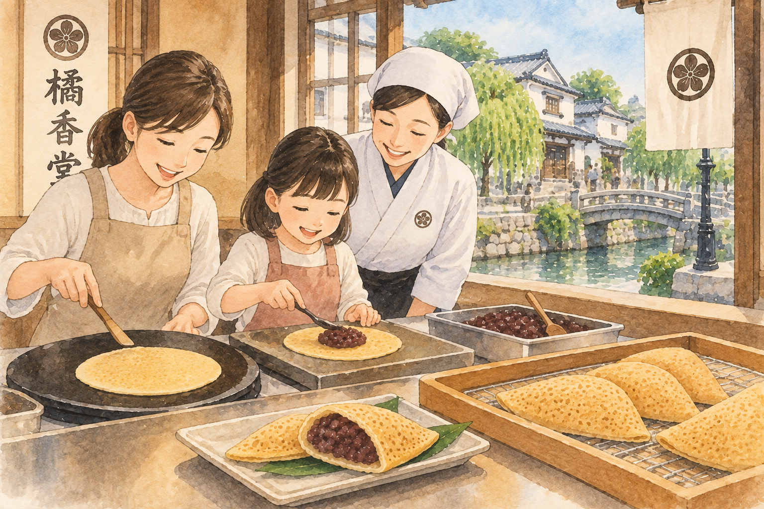 倉敷美観地区でむらすゞめの手焼き体験を楽しむイメージ