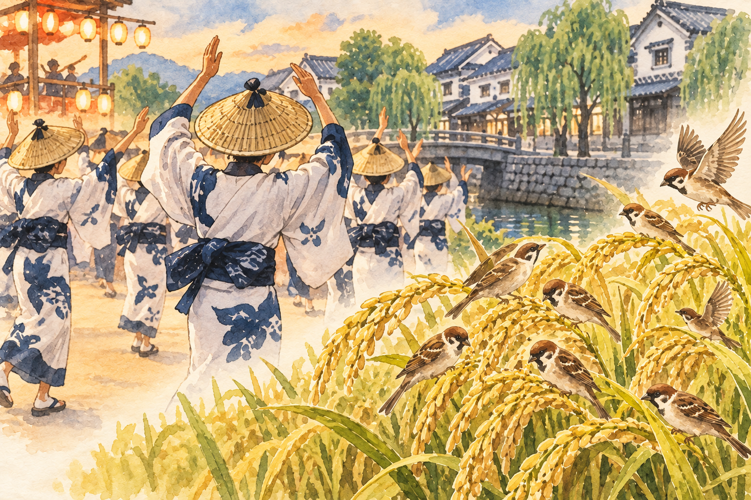 豊年踊りと稲穂に群がる雀を描いたむらすゞめの名前の由来イメージ