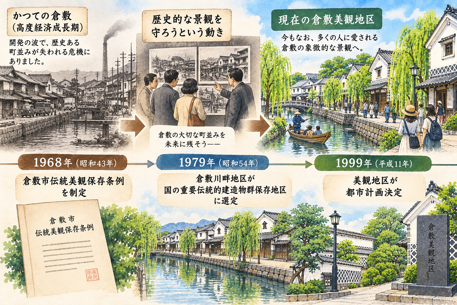 倉敷美観地区の町並み保存と現在につながる歴史のイメージ