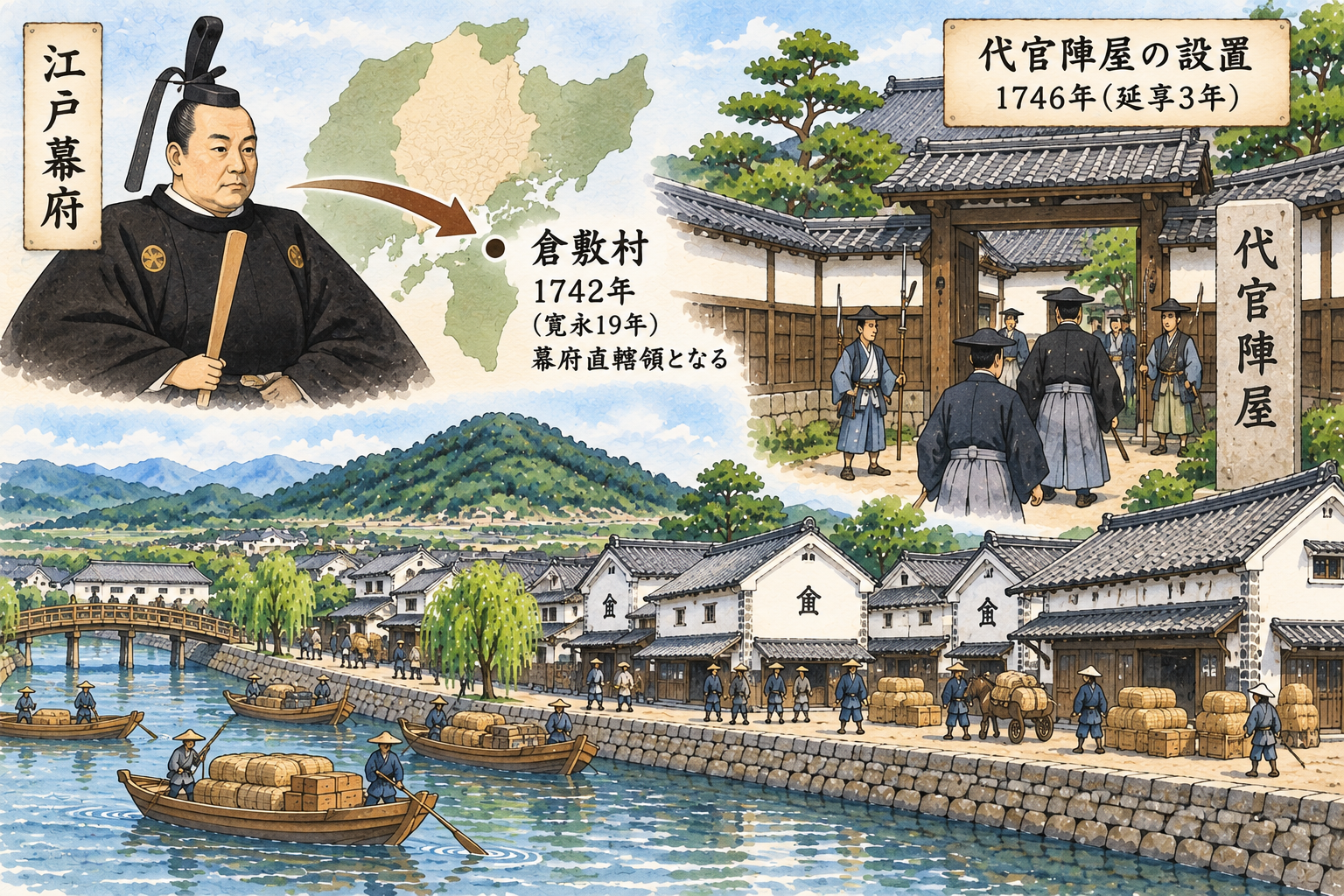 江戸時代に倉敷村が幕府直轄領となり代官陣屋が置かれたイメージ