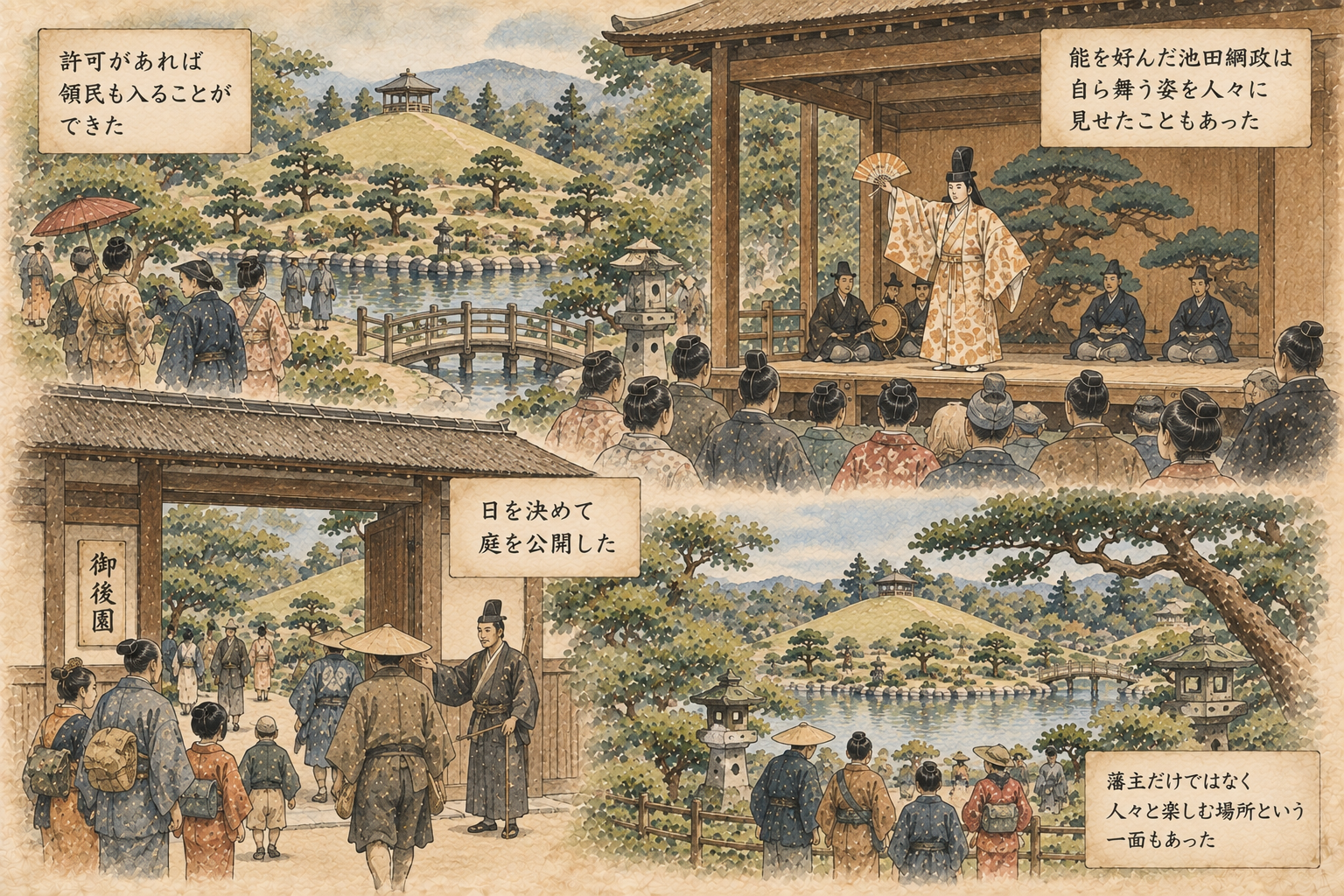 江戸時代の領民が後楽園を楽しむイメージ