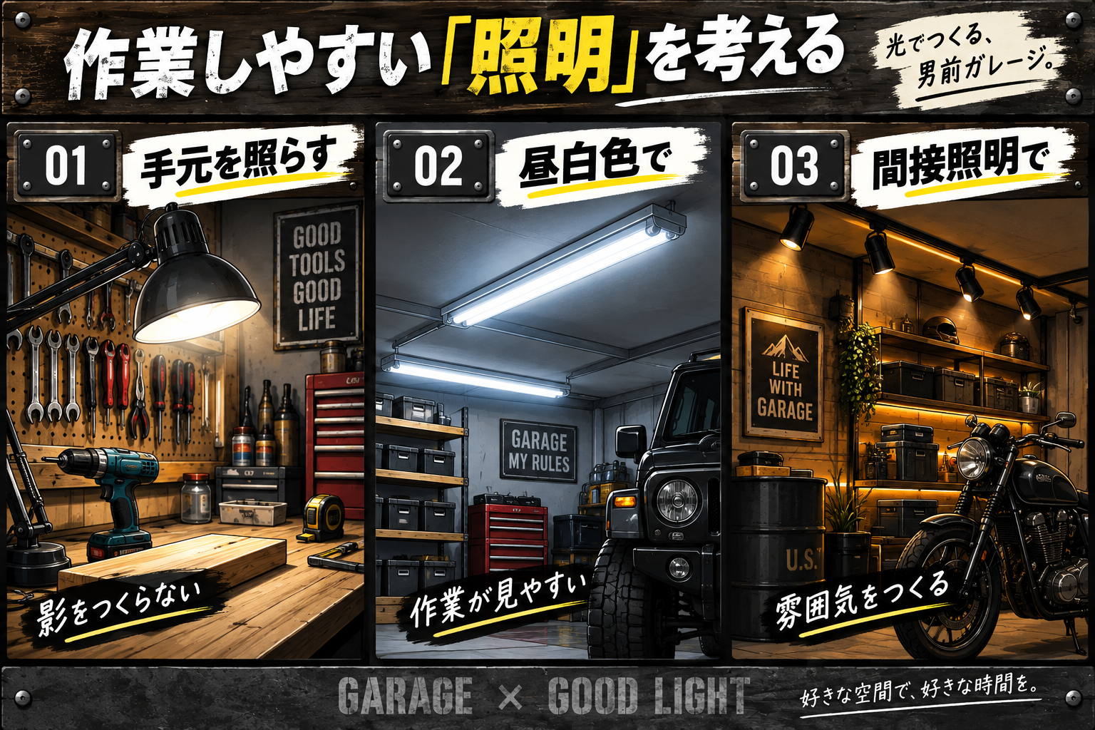 男前ガレージの作業しやすい照明のポイント