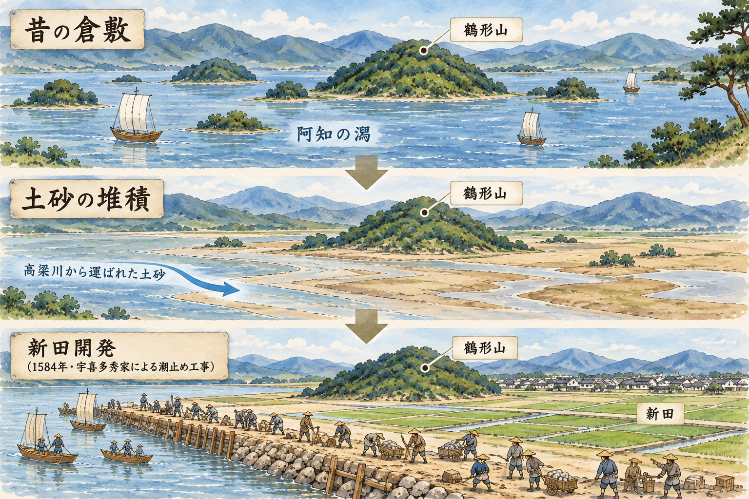 昔の倉敷と鶴形山・土砂の堆積・新田開発のイメージ