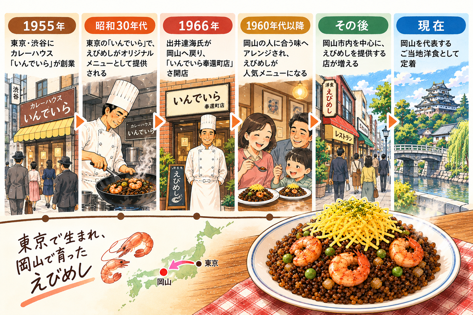えびめしの歴史を時系列で紹介するイラスト
