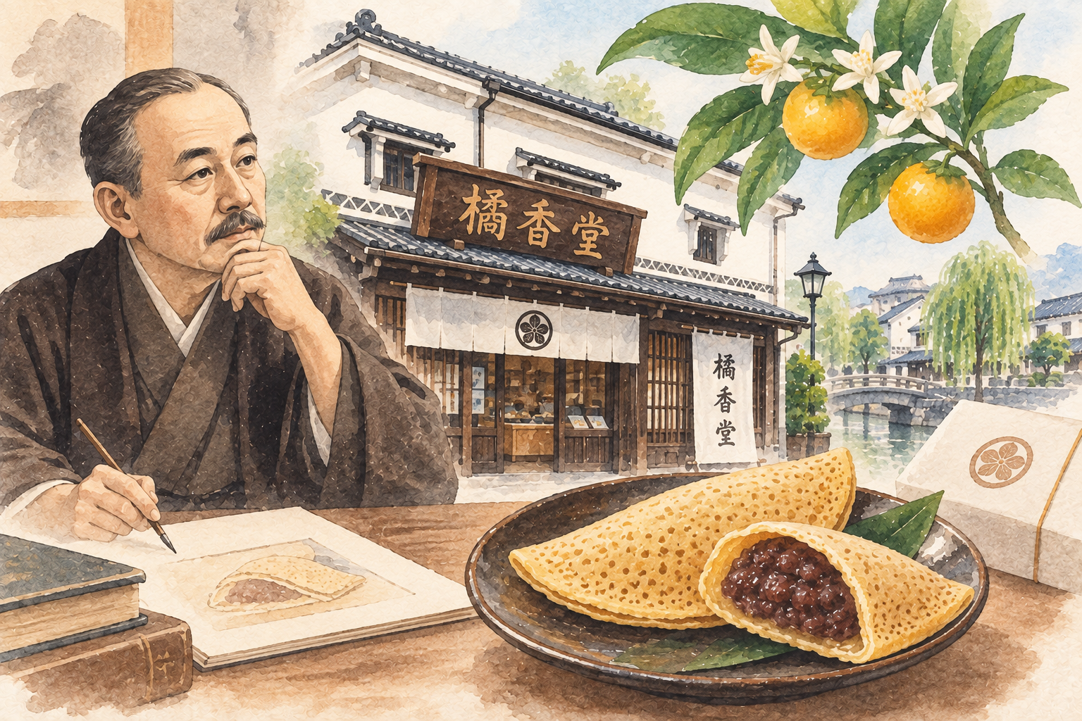 橘香堂とむらすゞめ誕生の歴史を描いたイメージ