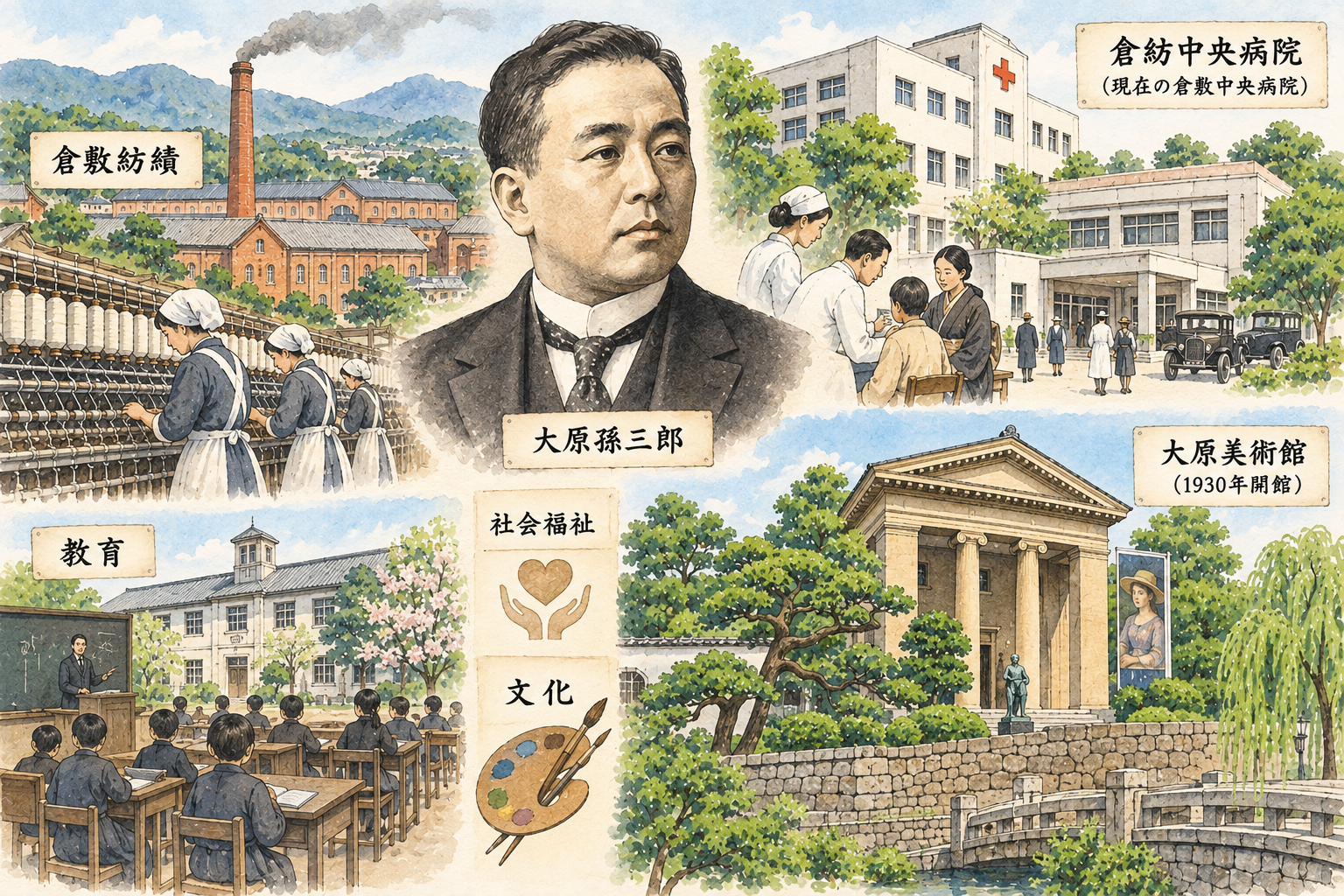 大原孫三郎と倉敷に残した医療・教育・社会福祉・文化のイメージ