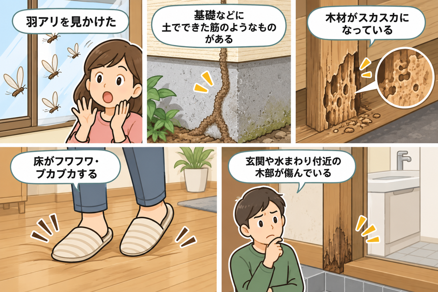 シロアリ被害で見られる主なサイン