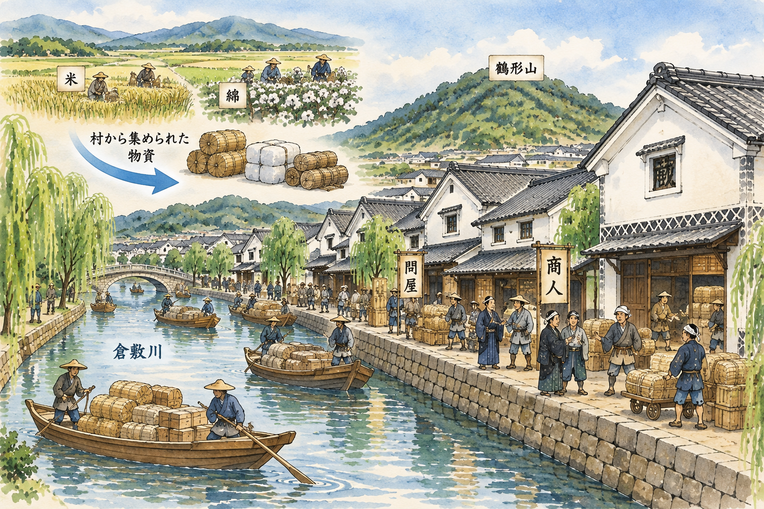 倉敷川を使った物資輸送と商人の町のイメージ