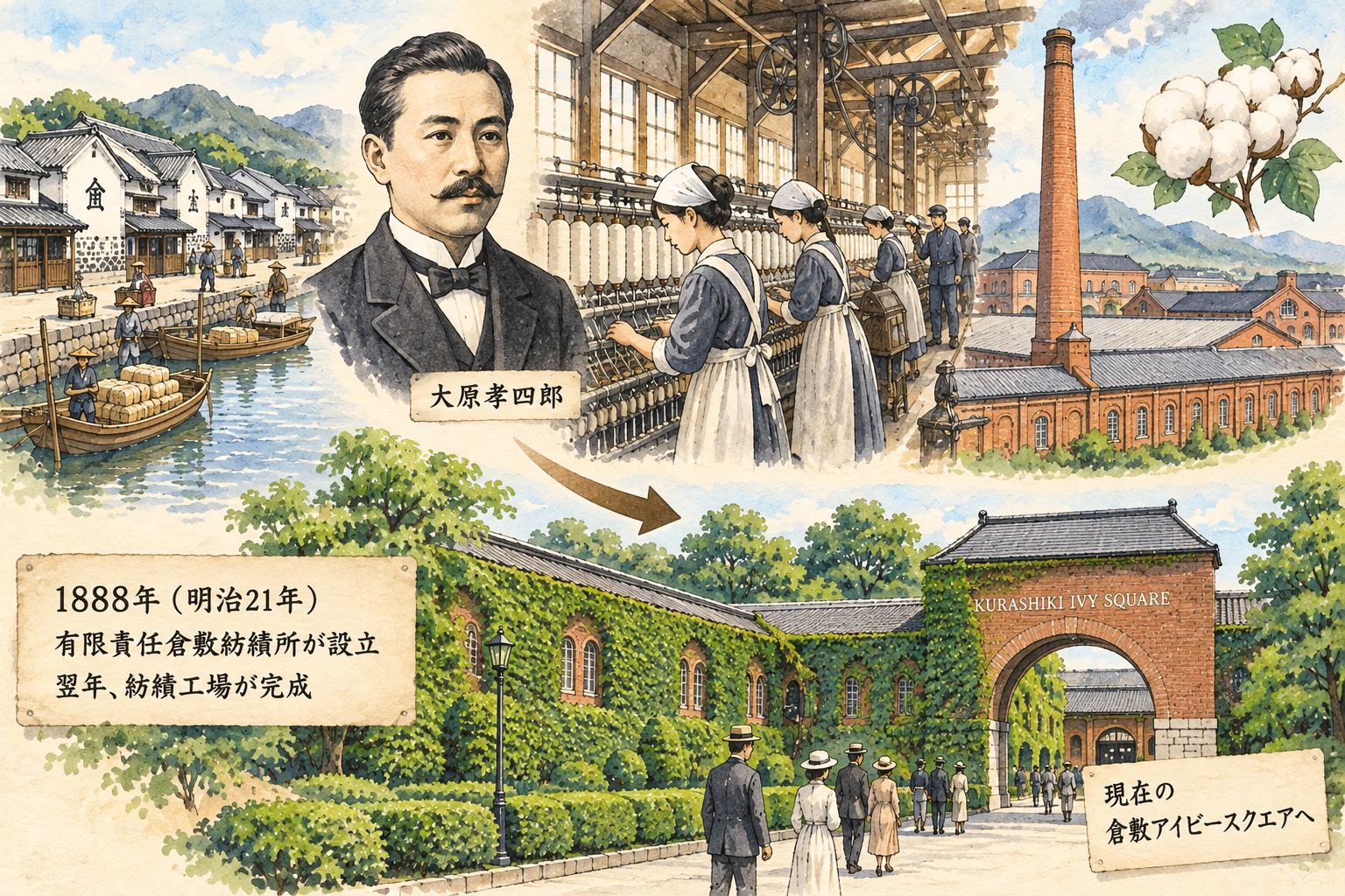 明治時代の倉敷紡績所と現在の倉敷アイビースクエアのイメージ